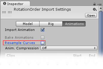 애니메이션 임포트 인스펙터의 리샘플 커브 옵션