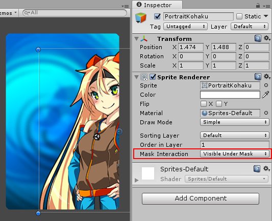 캐릭터 스프라이트 Mask Interaction이 Visible Under Mask로 설정되어 있으므로 마스크 영역에 있는 스프라이트의 일부만 표시됩니다.
