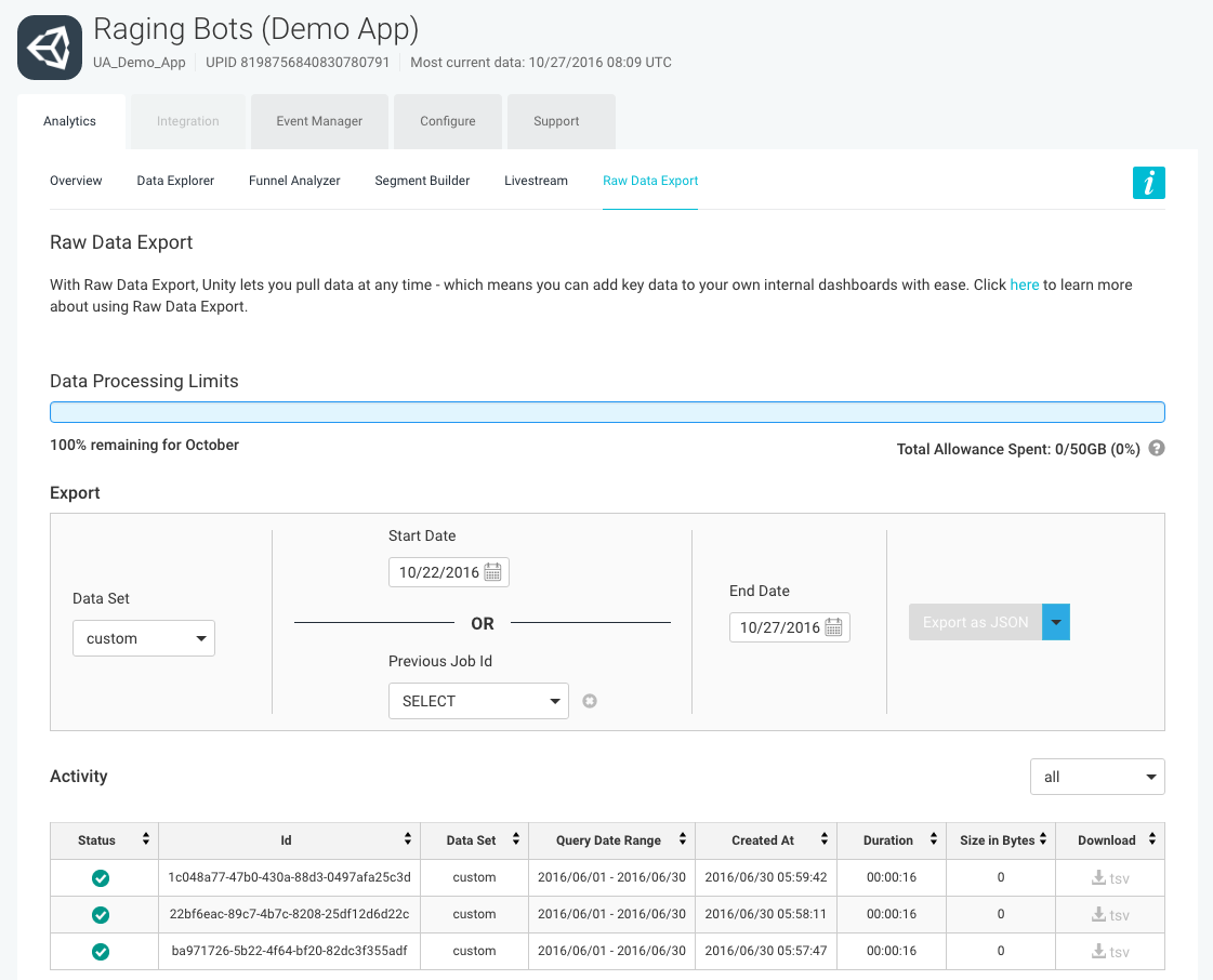 Raw Data Export 화면의 Export 섹션과 Activity 테이블