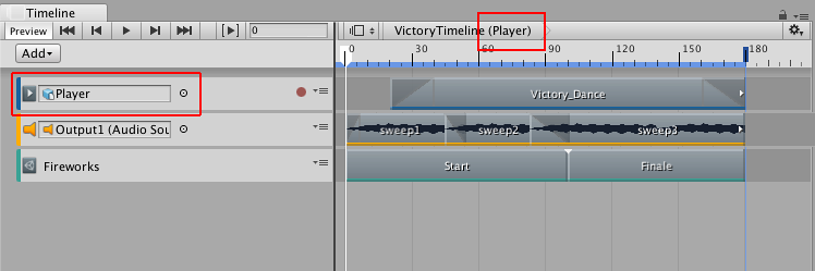 Player 게임 오브젝트(빨간색)가 VictoryTimeline 타임라인 에셋에 연결되어 있습니다.