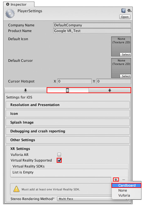 iOS/Android의 Cardboard 관련 설정 찾기(Edit > Project Settings > Player > XR Settings)