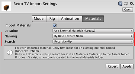 Use External Materials (Legacy) 임포트 설정