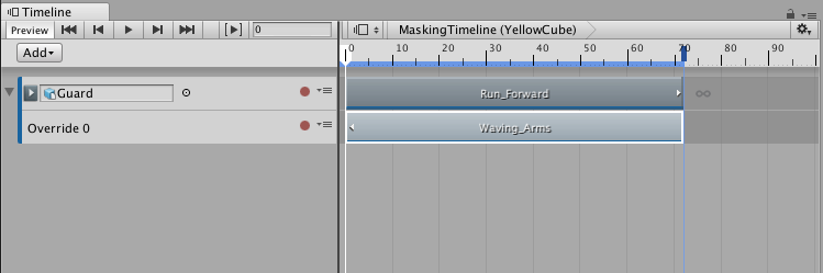 애니메이션 오버라이드 트랙에는 가만히 서서 팔을 흔드는 휴머노이드 애니메이션 클립이 포함되어 있습니다. 클립의 크기가 부모 애니메이션 트랙에 있는 애니메이션 클립(Run_Forward)과 일치하도록 조절됩니다.