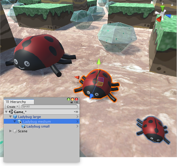중간 크기의 무당벌레를 선택하면 주황색으로 강조 표시되며, 자식 게임 오브젝트(작은 무당벌레)는 파란색으로 강조 표시되지만 부모 게임 오브젝트(큰 무당벌레)는 강조 표시되지 않습니다.