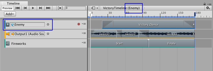 Enemy 게임 오브젝트(파란색)도 VictoryTimeline 타임라인 에셋에 연결되어 있습니다.