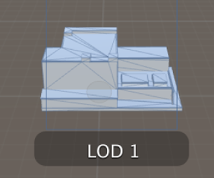 이미지 2: LOD 1의 카메라는 개수는 훨씬 적지만 크기는 훨씬 더 큰 삼각형이 포함된 메시를 보여줌