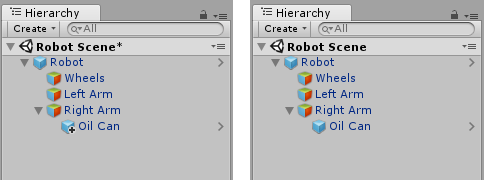 왼쪽: Oil Can 프리팹이 Robot 프리팹의 인스턴스에 오버라이드로 추가되었습니다. 오른쪽: Oil Can 프리팹이 Robot 프리팹에 적용되어 이제 Robot 프리팹 에셋의 네스티드 프리팹이 되었습니다.