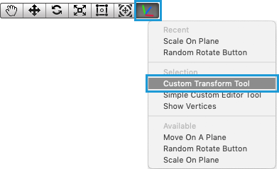 메뉴에서 커스텀 변환 툴을 선택하면 씬 뷰 툴바에 아이콘이 표시됨