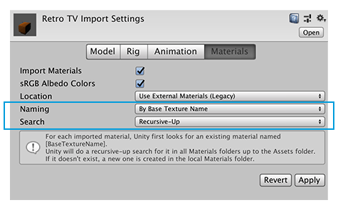 Use External Materials (Legacy) 임포트 설정