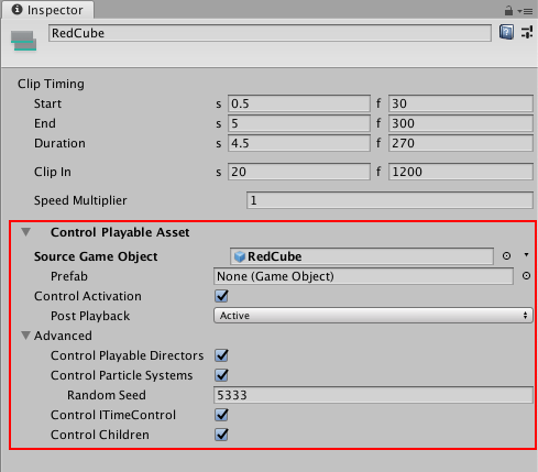 선택한 컨트롤 클립의 Control Playable Asset 프로퍼티를 보여주는 인스펙터 창