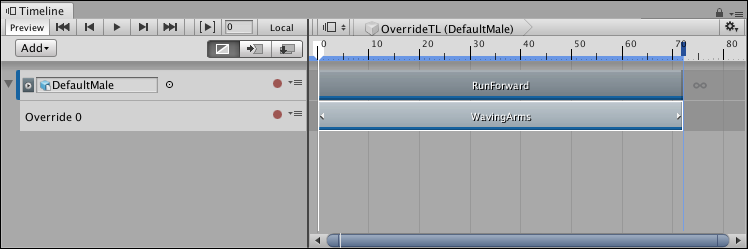 애니메이션 오버라이드 트랙에는 가만히 서서 팔을 흔드는 휴머노이드 애니메이션 클립(WavingArms)이 포함되어 있습니다. 클립의 크기가 부모 애니메이션 트랙에 있는 애니메이션 클립(RunForward)과 일치하도록 조절됩니다.