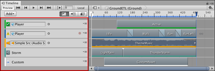 GroundETL 타임라인 인스턴스의 트랙 리스트와 트랙 헤더