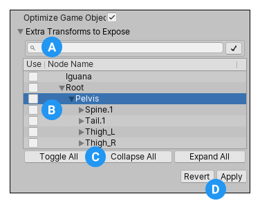 Optimize Game Objects를 활성화한 경우 나타나는 Extra Transforms to Expose 프로퍼티