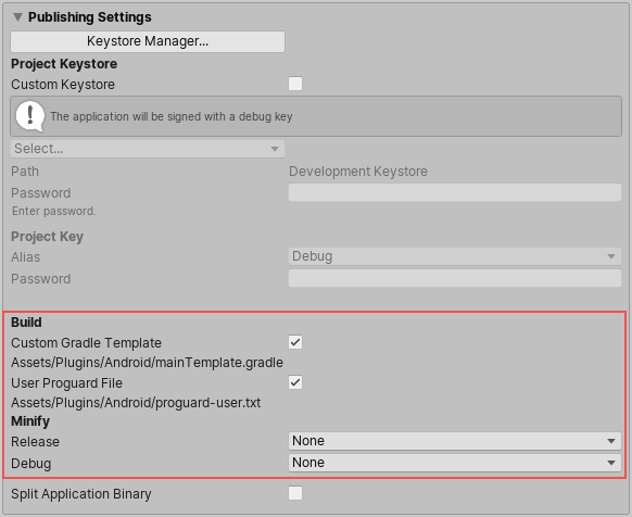 플레이어 설정 창의 Publishing Settings 섹션에 있는 Gradle 관련 설정