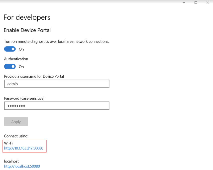 Windows 개발자 설정의 기기 포털 Wi-Fi 및 localhost 주소