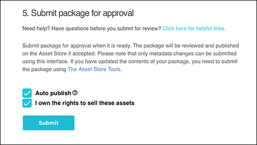 에셋 스토어에 패키지를 제출하려면 해당 에셋에 대한 권한을 소유해야 합니다