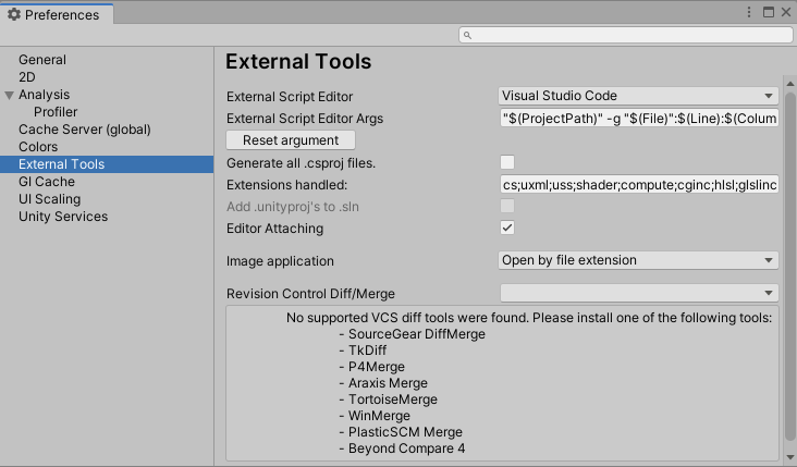 Preferences 창의 External Tools 범위