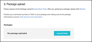 에셋을 패키지 드래프트에 업로드하기 전에 Launch Unity 버튼이 나타납니다
