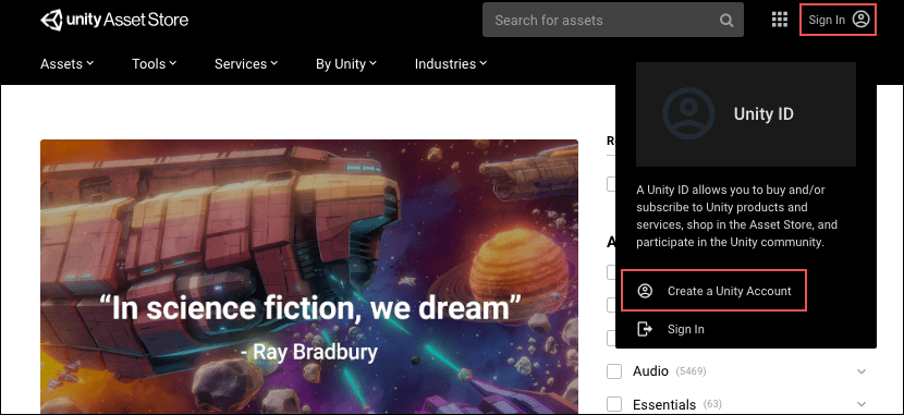 Sign In을 클릭하면 Unity ID 로그인이 Create a Unity Account에 대한 다른 링크와 함께 나타납니다.