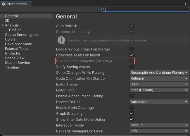 Preferences 창의 Disable Editor Analytics (Pro Only) 프로퍼티