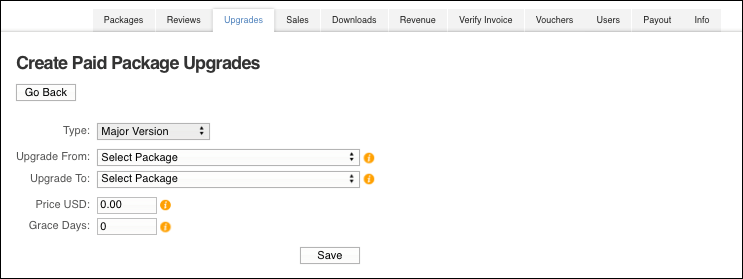 Create Paid Package Upgrades 페이지의 업그레이드 설정