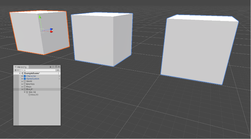 게임 오브젝트(제일 왼쪽 상자)를 선택하면 주황색 아웃라인이 표시되며, 자식 게임 오브젝트(가운데 및 오른쪽 상자)에는 파란색 아웃라인이 표시됩니다.