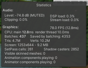 실시간 렌더링 통계가 표시된 Statistics 창