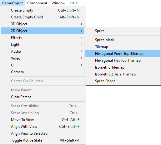 2D Object 메뉴의 Hexagonal Tilemap 옵션