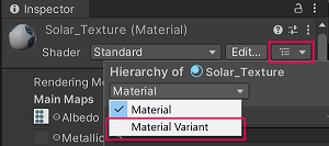 머티리얼 계층 구조에서 머티리얼 배리언트를 생성하기 위한 드롭다운