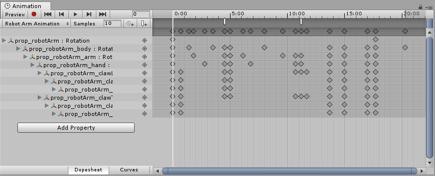 Here the Animation Window is in Dope Sheet mode, showing the keyframe positions of all animated properties within the Animation clip