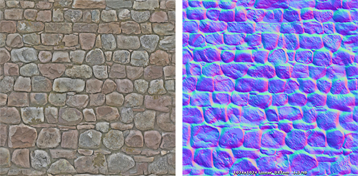 A stone wall texture and its corresponding normal map texture