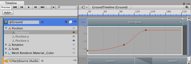 Curves view showing the animation curve for the Position.x property