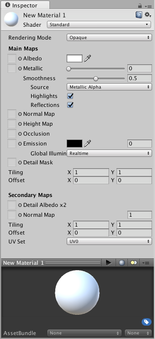 A Standard Shader material with default parameters and no values or textures assigned