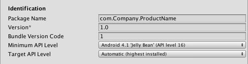 The Identification section of the Android PlayerSettings window