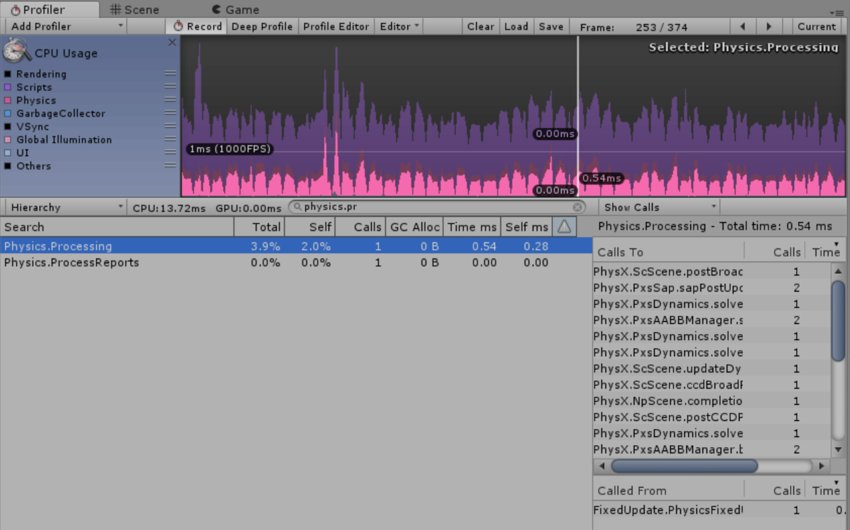 Physics Profiler with the value of 1 in the Calls column