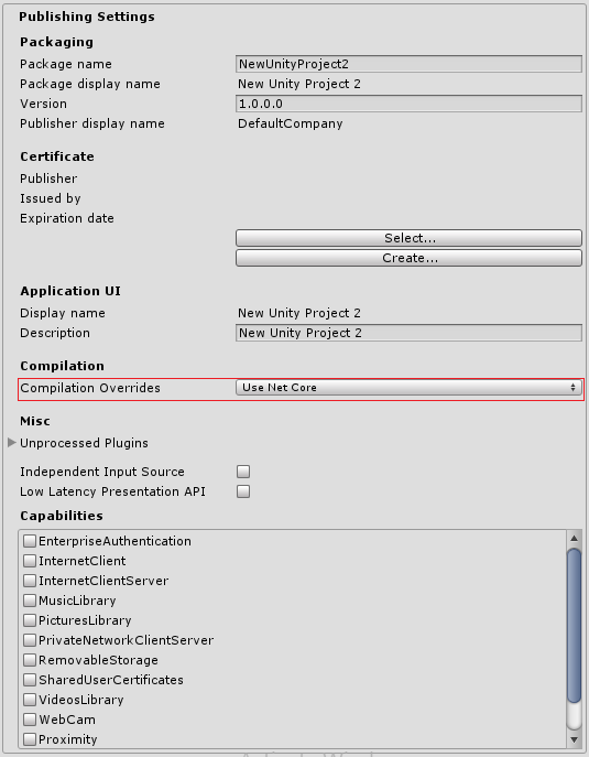 The Publishing Settings section of the PlayerSettings Inspector window, with Compilation Overrides highlighted in red