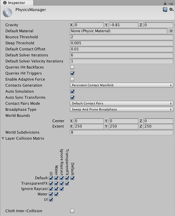 The PhysicsManager, shown in the Inspector window.