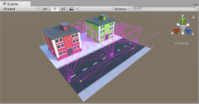 Light Probes placed with varying density around a simple Scene