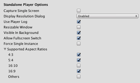 Standalone Player Options settings for the Standalone Player platforms