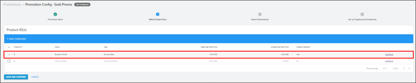 Selecting Products for inclusion in your Promotion on the Developer Dashboard