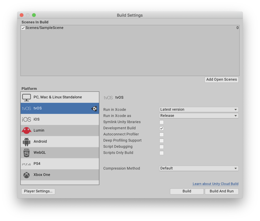 tvOS build settings in Unity