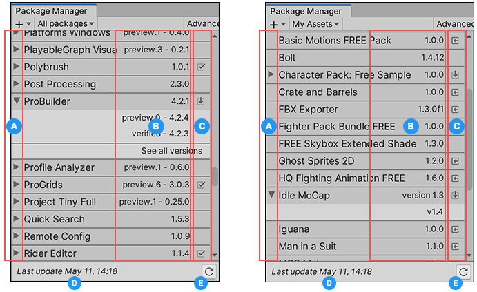 The image on the left displays all available packages, and the image on the right displays all Asset packages