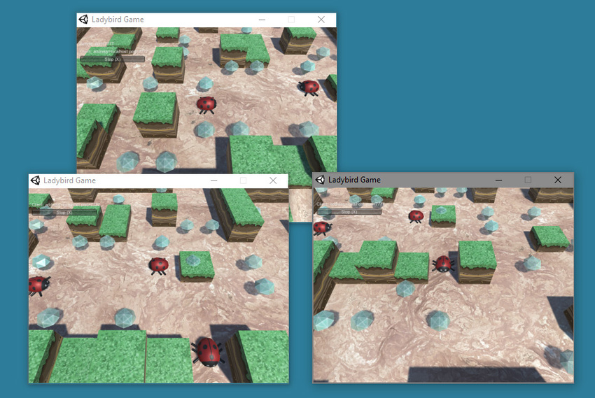 An example of three instances of a networked game running on the same desktop PC. This is useful for quick tests to ensure networked interactions are behaving as you intended. One is running as LAN Host, and two are running as LAN Client.