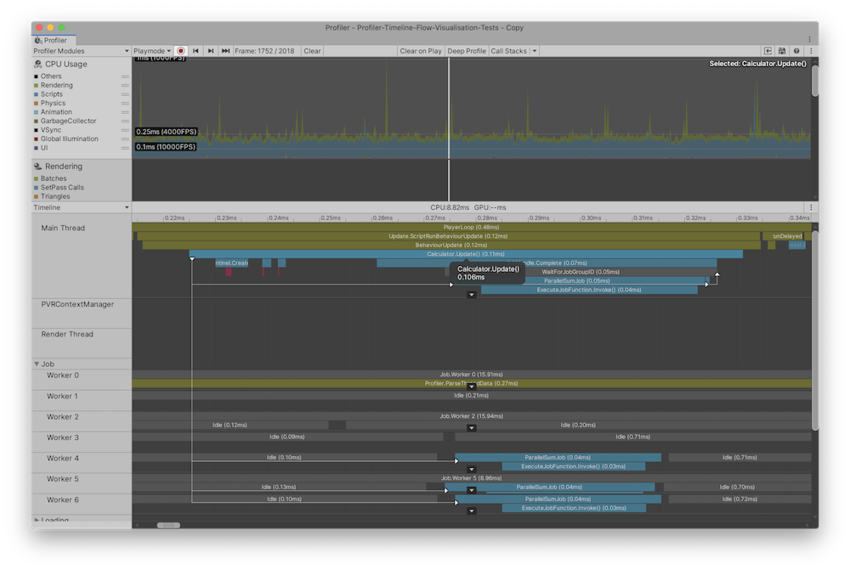 The Timeline CPU Profiler view with Flow Events enabled and a sample selected.