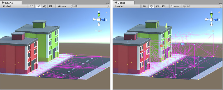 The left image shows a bad choice of Light Probe positions, because there is no height to the volume defined by the Light Probes. The right image shows a good choice of Light Probe positions.