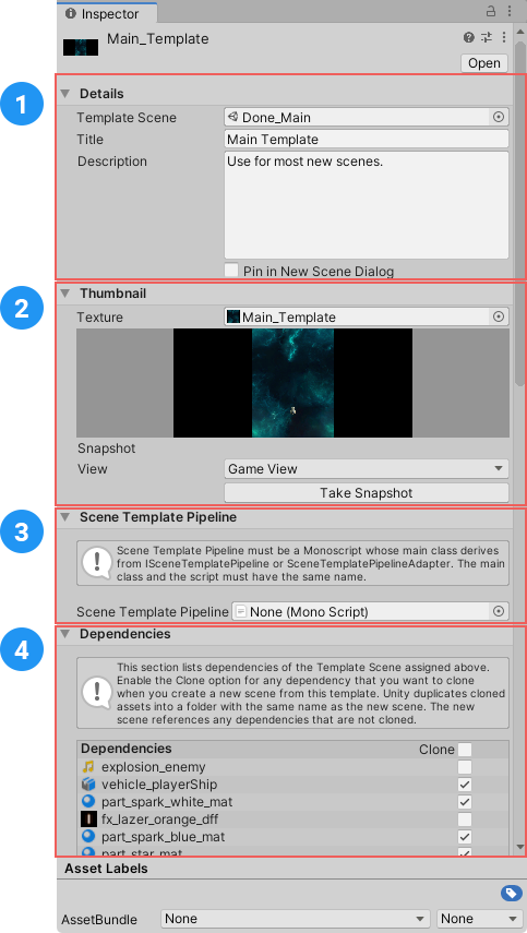 The scene template Inspector