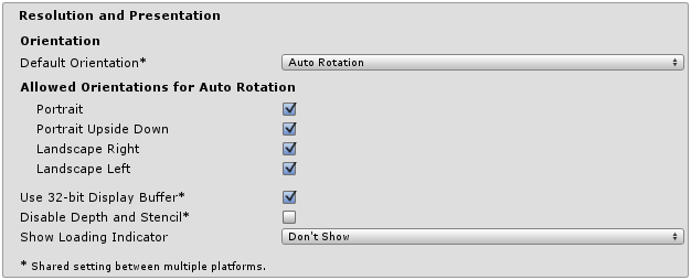 The Resolution and Presentation section of the Android PlayerSettings window