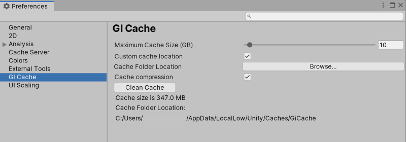 GI Cache scope on the Preferences window