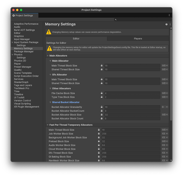 Project Settings > Memory Settings, showing a selection of Player memory settings