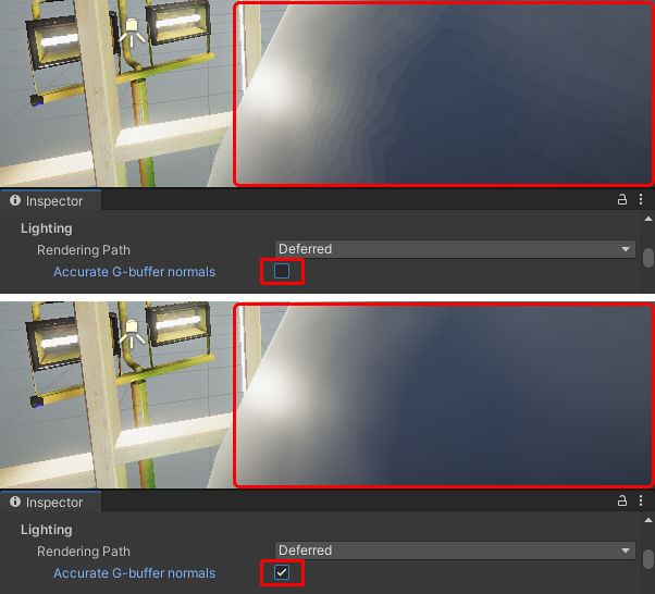 Accurate G-buffer normals, visual difference between the two options.